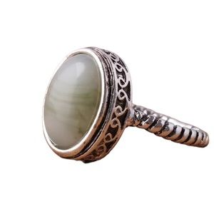 Boho Swirl Silver Decorative Band Ring with Green/Gray Oval Stone
